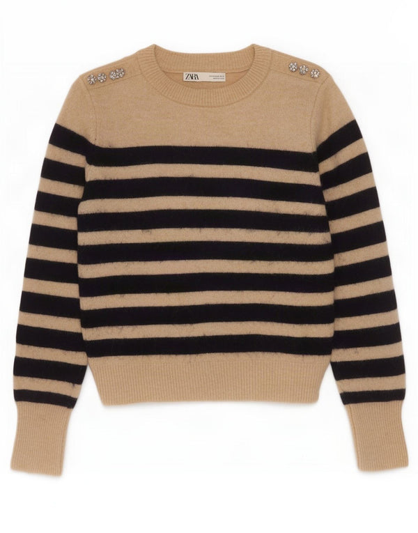 Zara Dame sweater med rund hals DK 12 Medium Beige Stribet Nylon