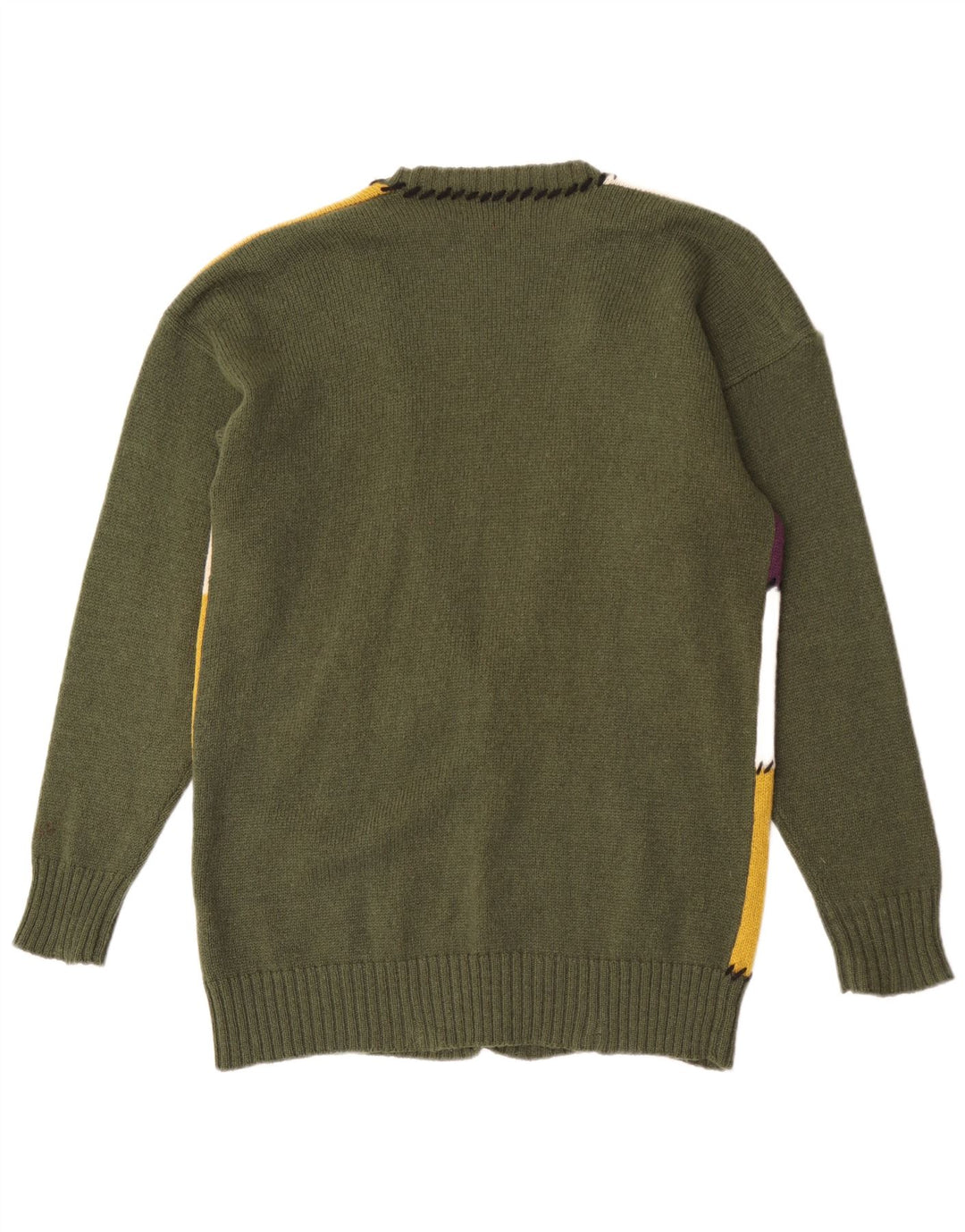 Vintage Kvinde grafisk cardigan Sweater UK 16 Stor Grøn Patchwork Uld
