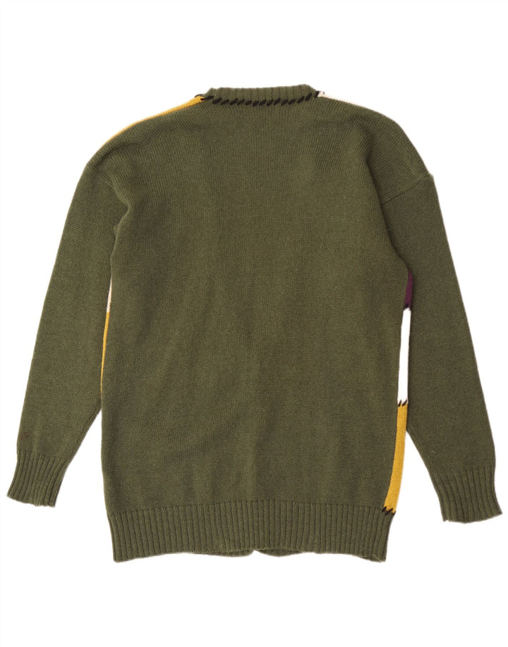 Vintage Kvinde grafisk cardigan Sweater UK 16 Stor Grøn Patchwork Uld