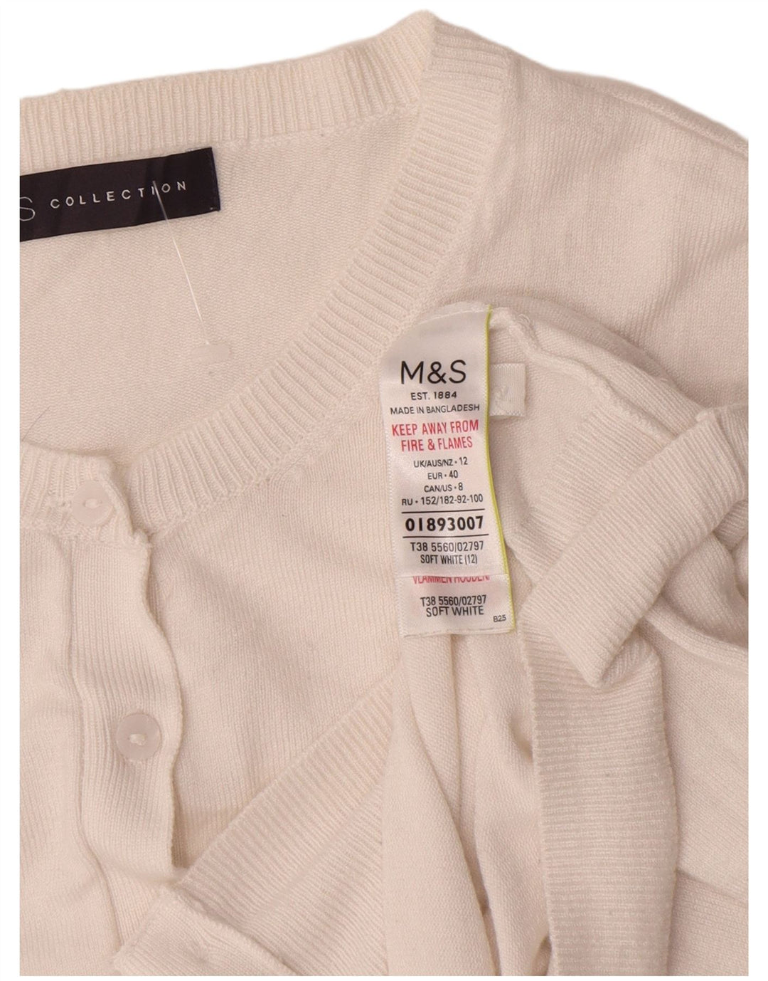 Marks & Spencer Dame 3/4-ærmet Crop Cardigan Sweater UK 12 Medium White