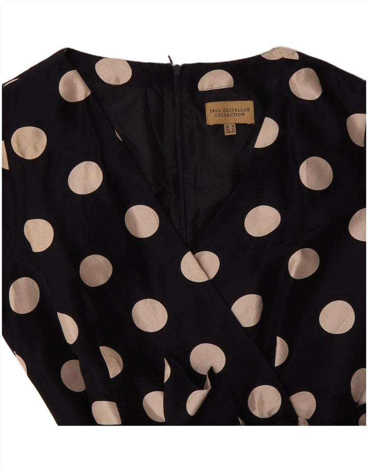 PAUL COSTELLOE Dame A-Line Kjole UK 16 Large Navy Blue Polka Dot Silke