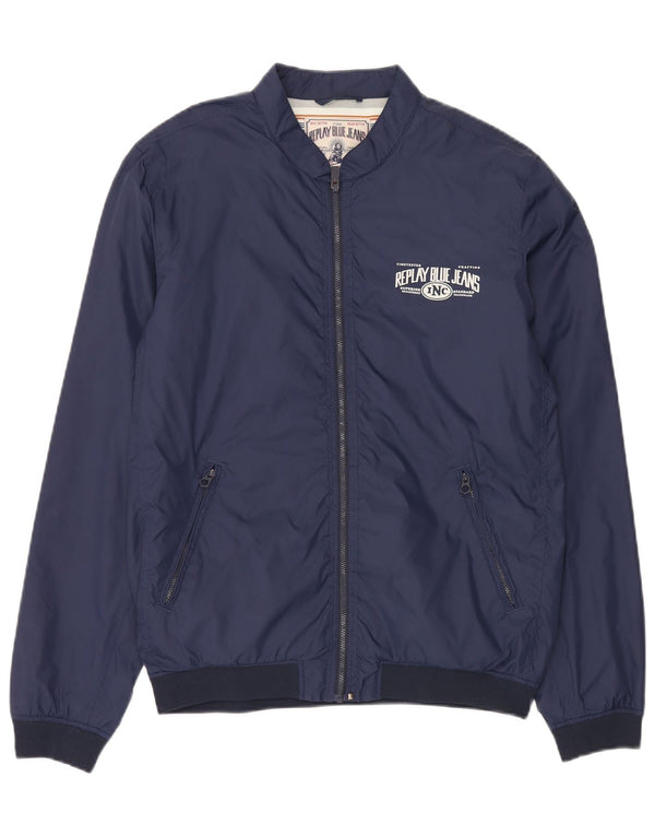 Replay Herre Graphic Bomber Jacket UK 40 Large Navy Blue Polyamide