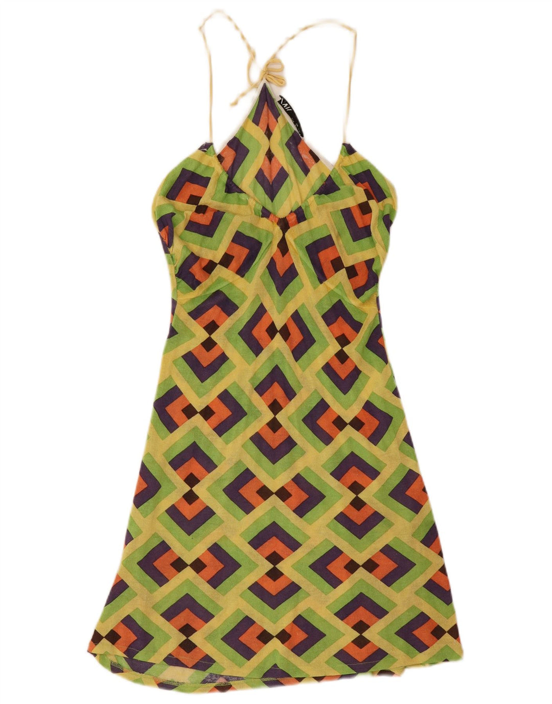 Zara Dame Halter Dress UK 8 Lille Grøn Geometrisk