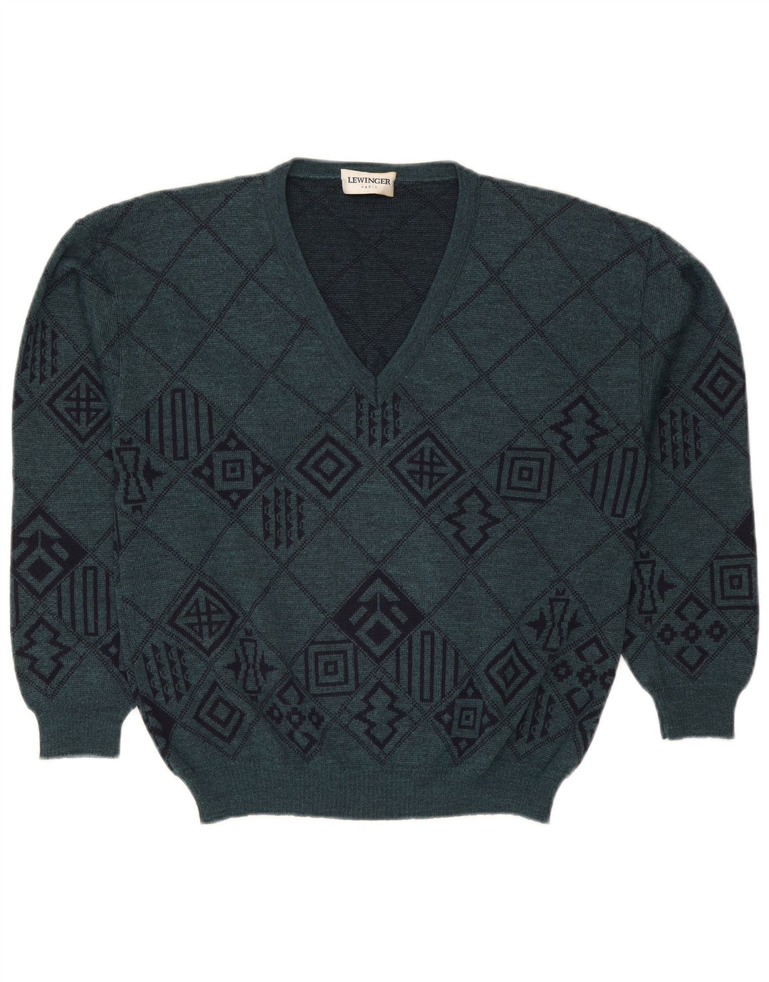 Lewinger Herre V-hals sweater Medium Grøn Geometrisk Uld