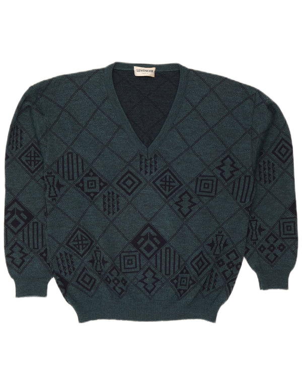 Lewinger Herre V-hals sweater Medium Grøn Geometrisk Uld