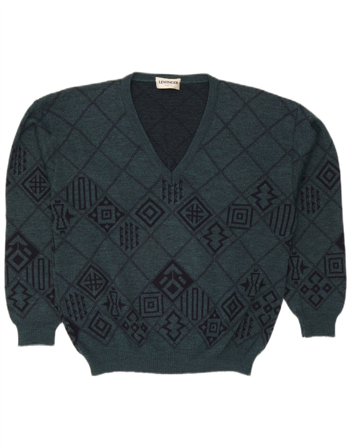 Lewinger Herre V-hals sweater Medium Grøn Geometrisk Uld