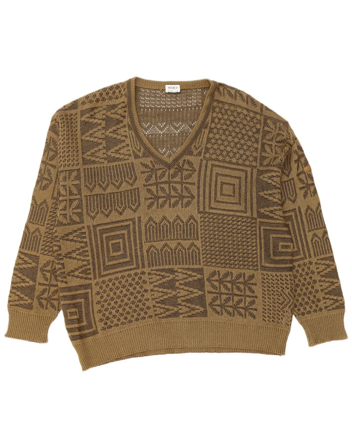 MARZ Mens V-Neck Jumper Sweater IT 54 XL Khaki Patchwork Linen