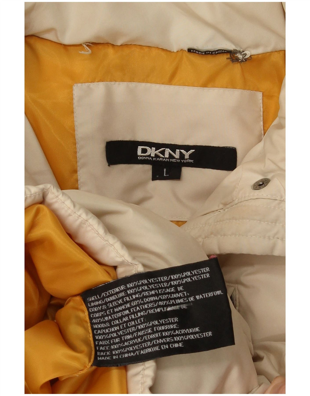 Dkny Dame Hætte Polstret Frakke UK 14 Stor Beige Polyester