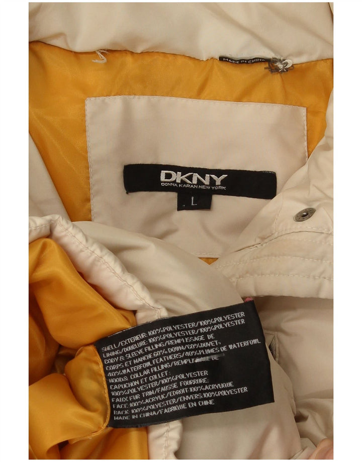 Dkny Dame Hætte Polstret Frakke UK 14 Stor Beige Polyester