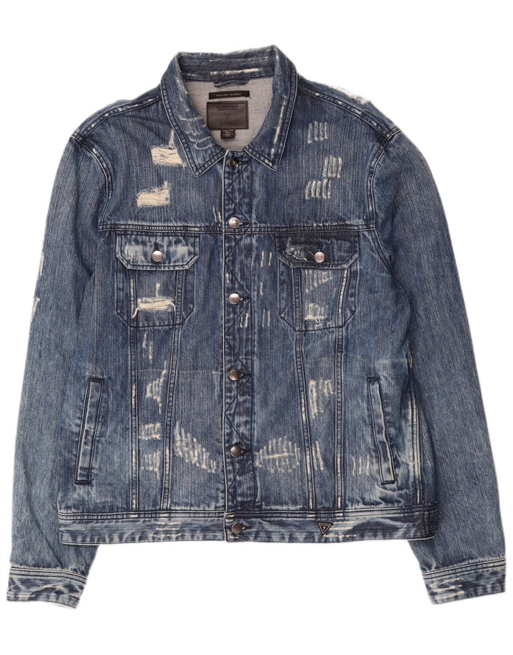 Guess Herre Dillon Graphic Distressed Denim Jacket UK 44 2XL Blue Cotton