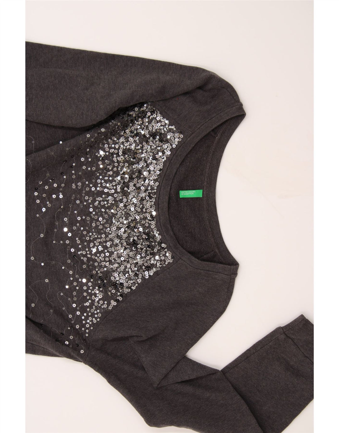 BENETTON Womens Sweatshirt Jumper UK 14 Large Grey Spotted Vintage Benetton and Second-Hand Benetton from Messina Hembry 