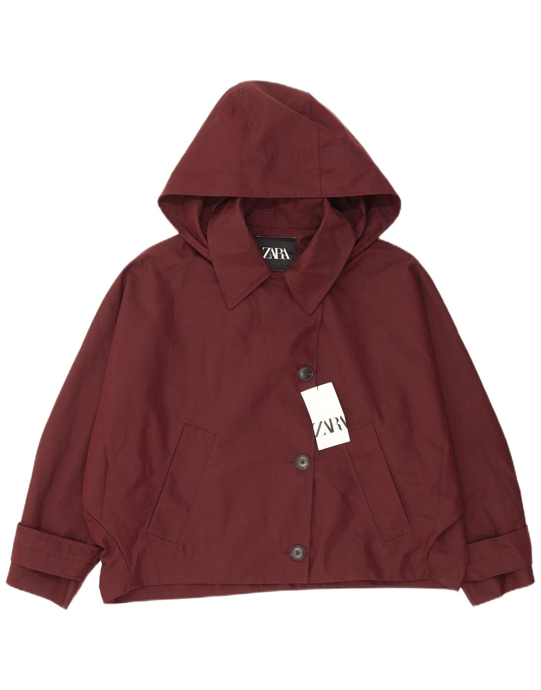 Zara Dame Hætte Oversized Bomber Jacket UK 14 Medium Bourgogne Bomuld