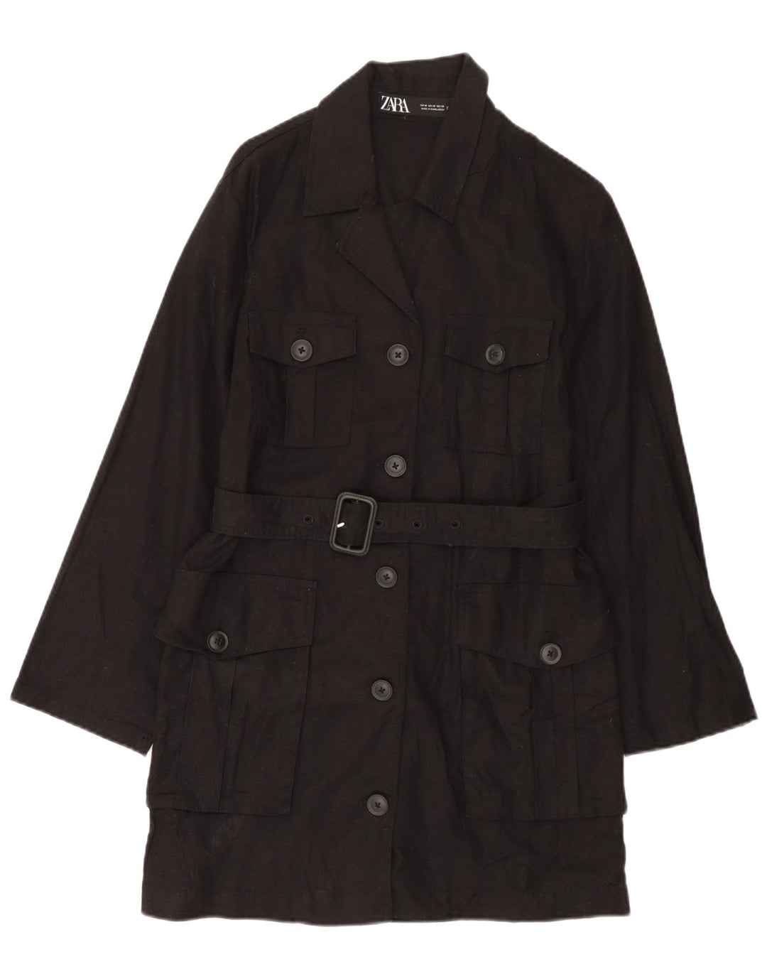Zara Womens Utility Overcoat UK 14 Medium Black Linen