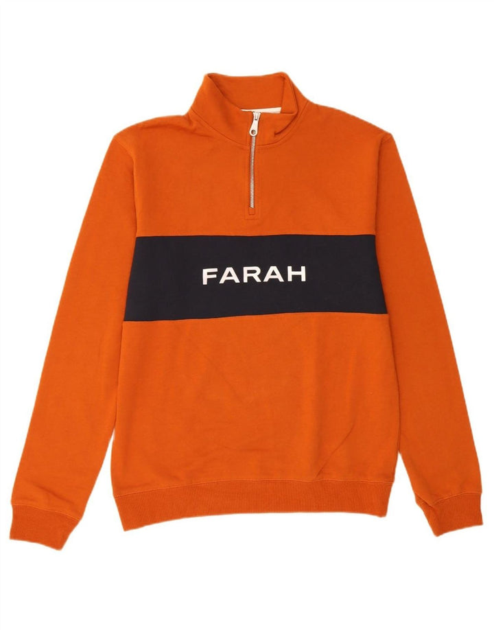FARAH Mens Graphic Zip Neck Sweatshirt Jumper Large Orange Colourblock