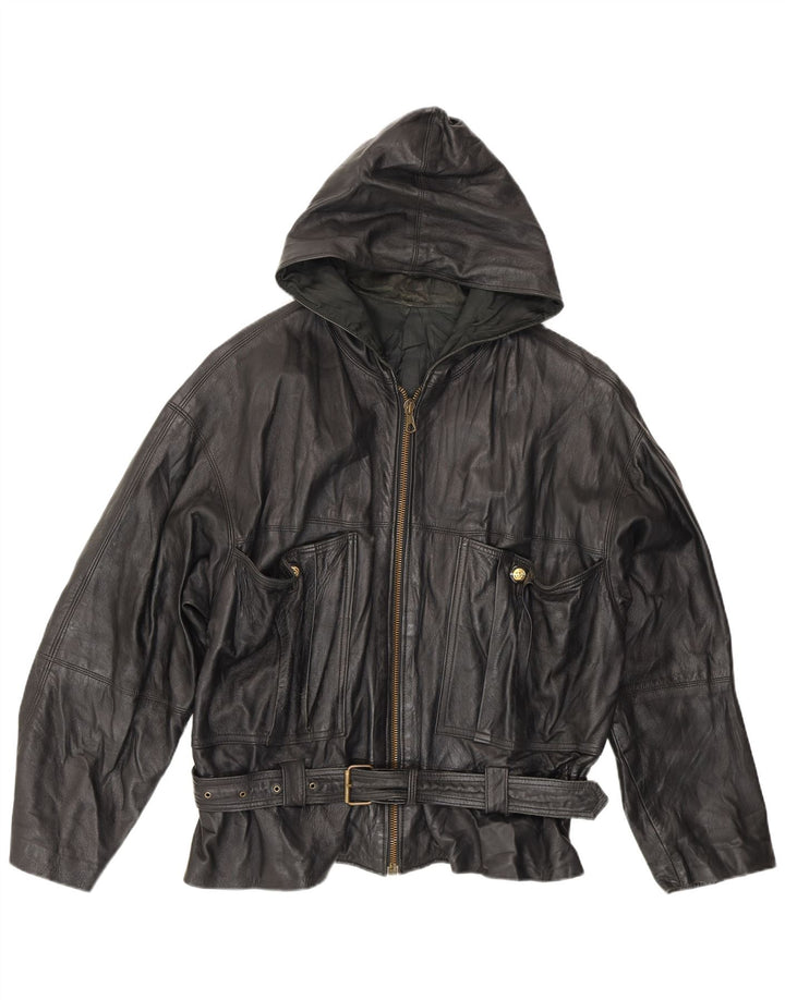 Vintage læderjakke til mænd med hætte UK 42 XL Sort