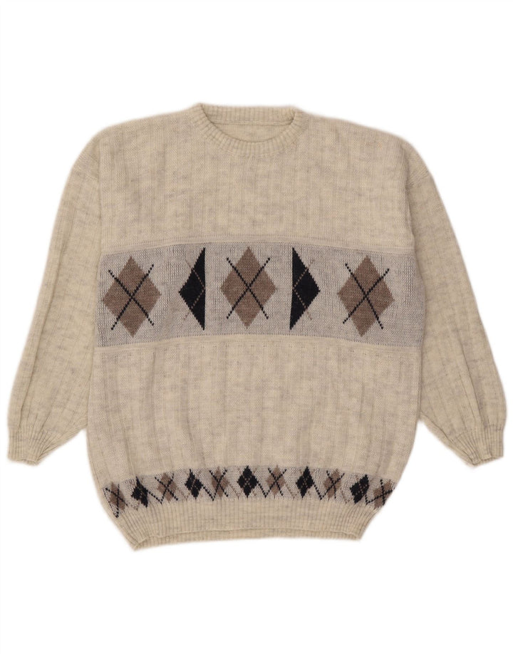 Vintage herre rund hals sweater XL grå Argyle/Diamond