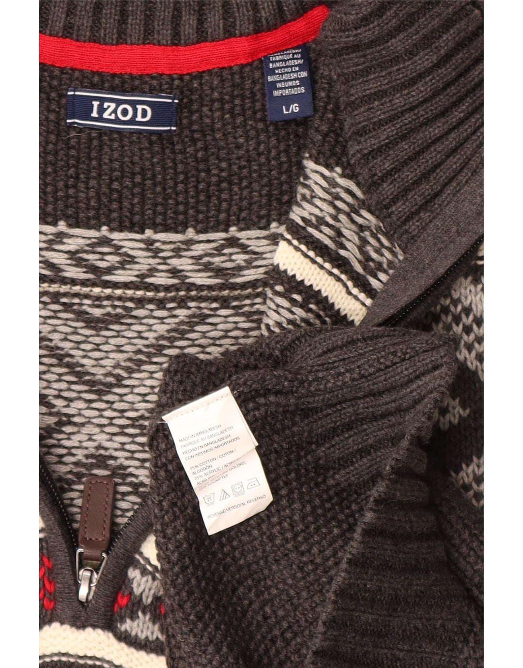 IZOD Herre Zip Neck trøje Sweater Large Grey Fair Isle Bomuld