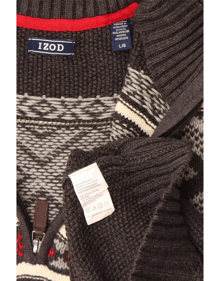 IZOD Herre Zip Neck trøje Sweater Large Grey Fair Isle Bomuld