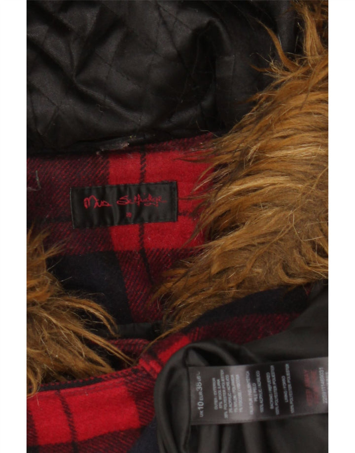 Miss Selfridge Dame Hooded Duffle Jacket UK 10 Small Red Check Wool