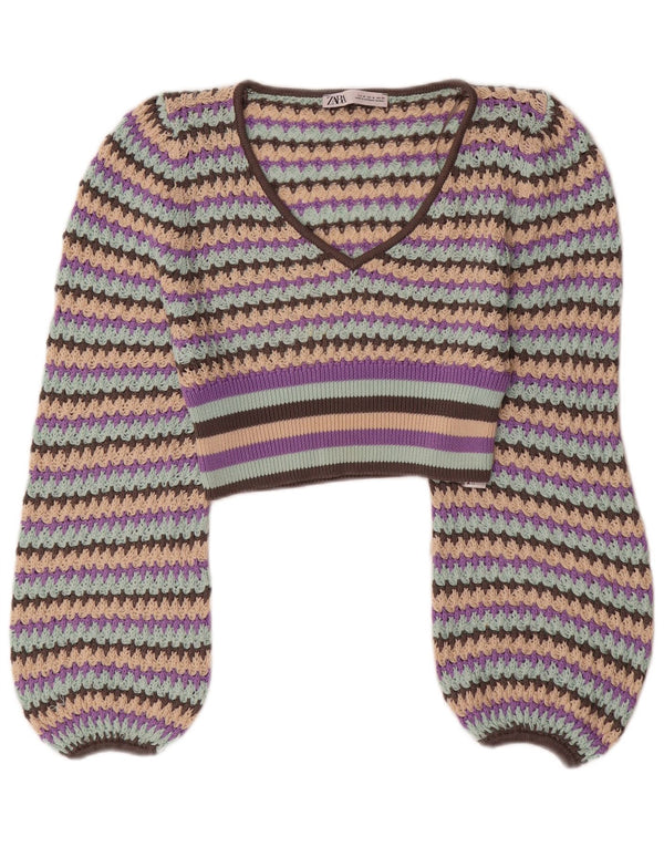 Zara Dame Crop V-hals Jumper Sweater UK 12 Medium Flerfarvet Stribet