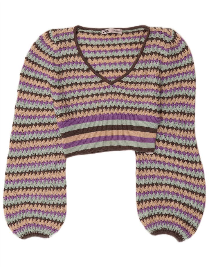 Zara Dame Crop V-hals Jumper Sweater UK 12 Medium Flerfarvet Stribet