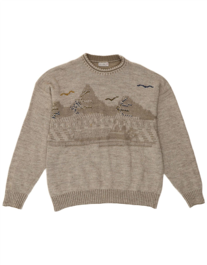 Vintage herre rund hals sweater mellemgrå geometrisk retro