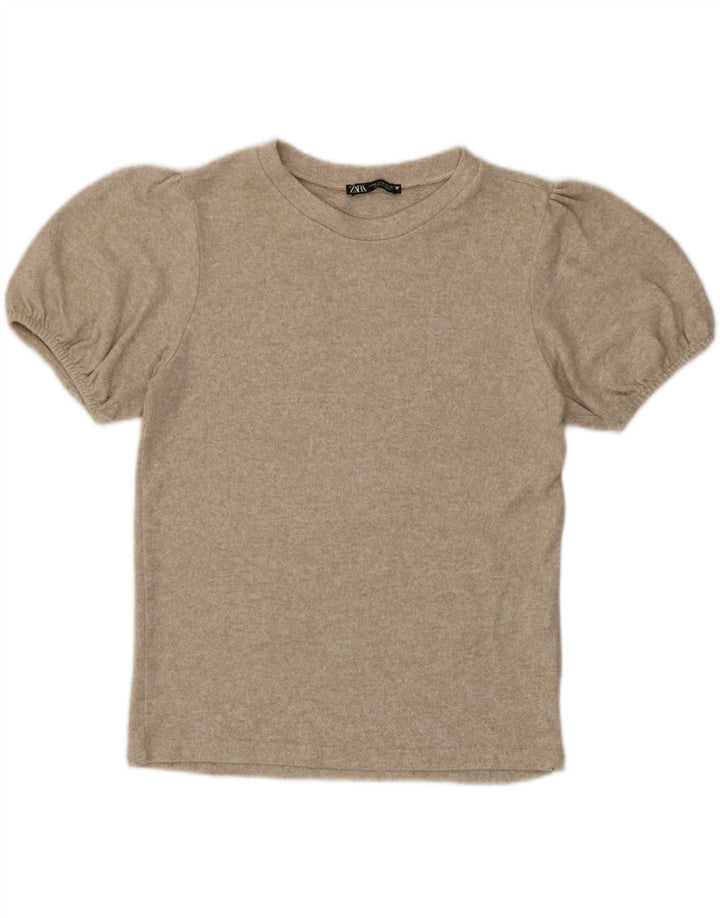 Zara T-Shirt Top UK 12 Medium Beige Flecked Viscose
