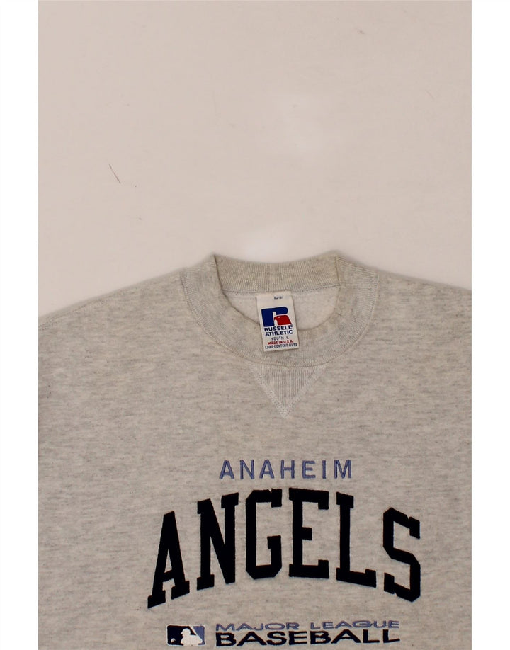 RUSSELL ATHLETIC Boys Graphic Sweatshirt Jumper 14-15 Years Large Grey Vintage Russell Athletic and Second-Hand Russell Athletic from Messina Hembry 