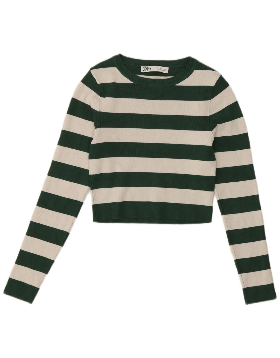 Zara Dame Crop Top Langærmet UK 12 Medium Grøn Stribet Viscose