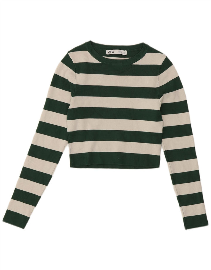 Zara Dame Crop Top Langærmet UK 12 Medium Grøn Stribet Viscose