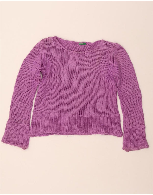 BENETTON Dame Crop Boat Neck Jumper Sweater UK 10 Lille lilla uld