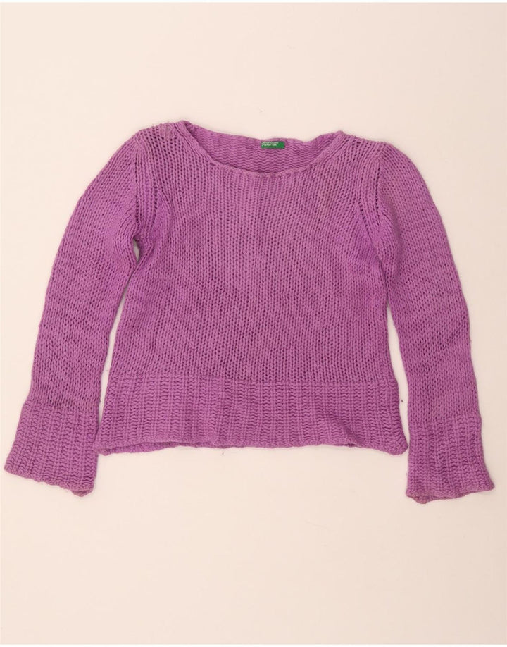 BENETTON Dame Crop Boat Neck Jumper Sweater UK 10 Lille lilla uld