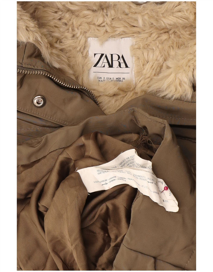 Zara Dame Hætte Sherpa Polstret Jakke UK 10 Small Khaki Polyester