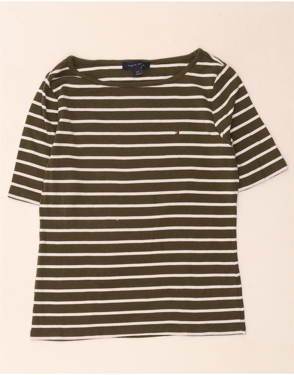 Tommy Hilfiger Dame T-Shirt Top UK 14 Stor Khaki Stribet Bomuld