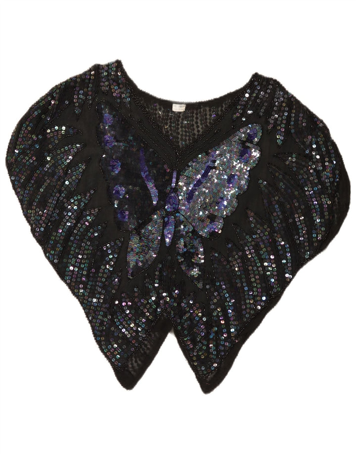 Vintage Dame Sequin Blouse Top UK 14 Large Black Butterfly