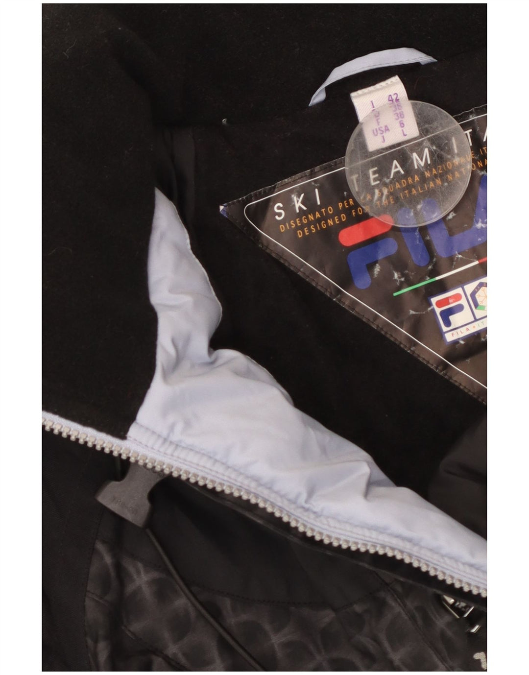 FILA Dame Oversized Hætte Skijakke US 6 Medium Sort Geometrisk