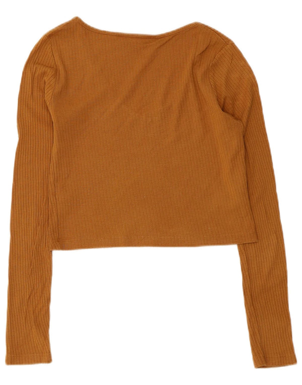 Zara Womens Crop Top Langærmet UK 10 Small Brown Bomuld