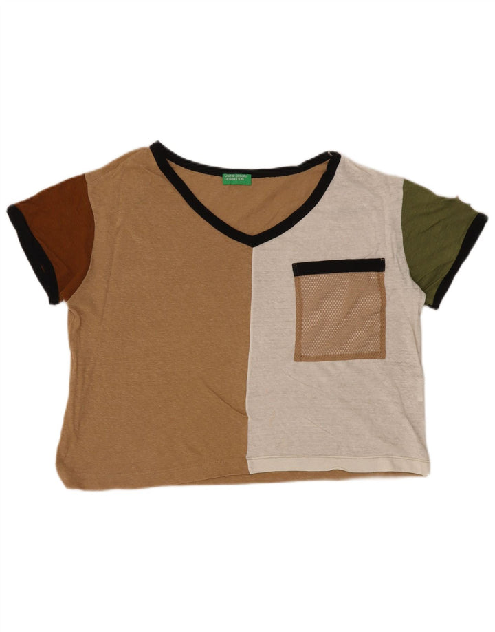 BENETTON Womens Crop Oversized T-shirt Top UK 6 XS Beige Colourblock