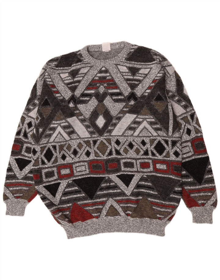 Vintage mænd med rund hals sweater UK 38/40 Medium Grå Geometrisk