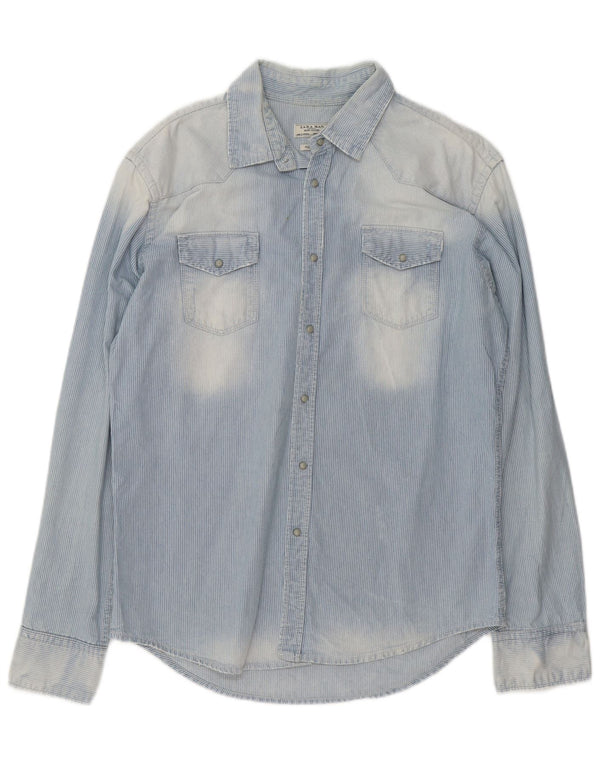 Zara Herre Acid Wash Slim Fit Denim Shirt XL Blue Pinstripe