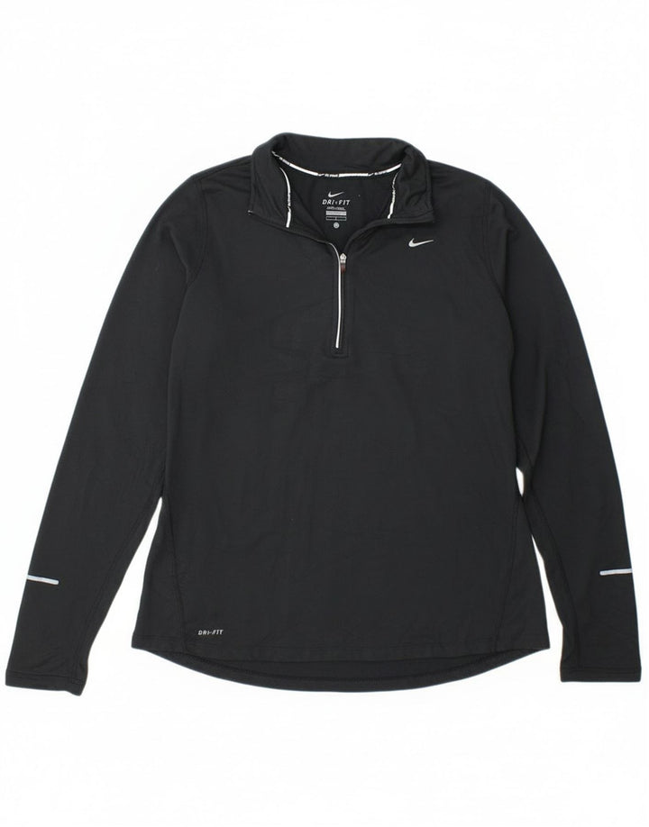 Nike Dame Dri Fit Zip Neck Top Langærmet UK 14 Large Black Polyester