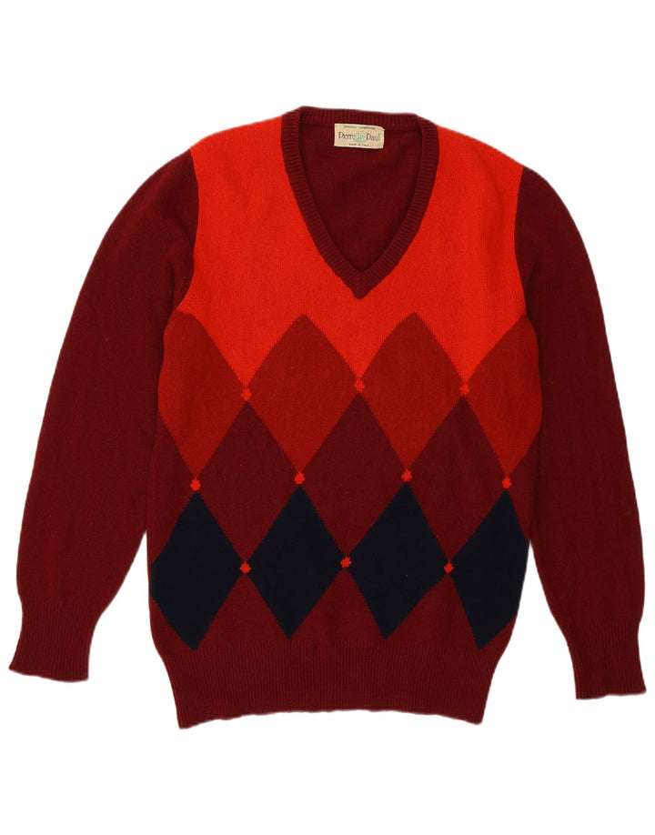 Vintage Herre V-hals sweater Medium Burgundy Argyle/Diamond lammeuld