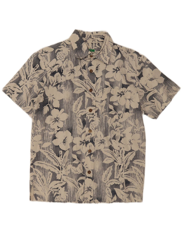 Benetton Mens Short Sleeve Shirt Small Beige Floral Cotton