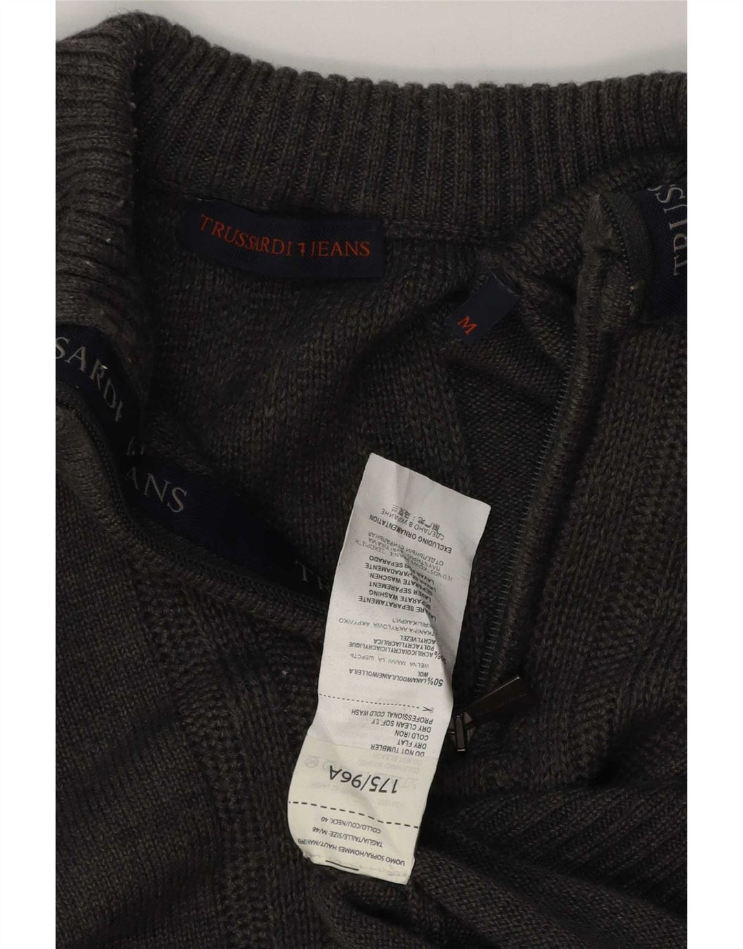 Trussardi Jeans Herre Zip Neck Jumper Sweater Medium Grå Uld