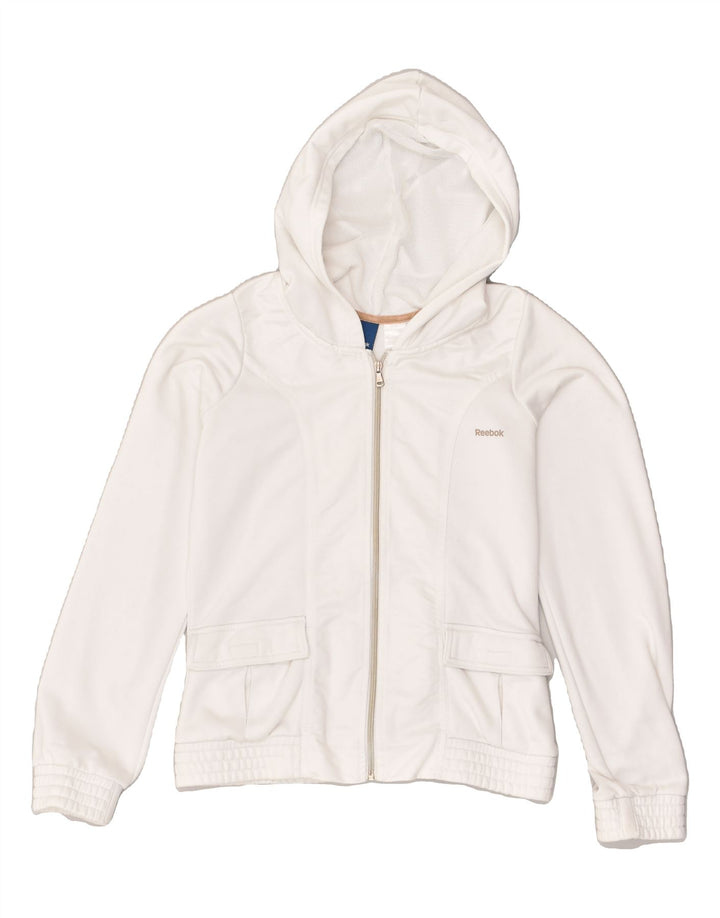 REEBOK Womens Zip Hoodie Sweater UK 14 Medium White Polyester | Vintage Reebok | Thrift | Second-Hand Reebok | Used Clothing | Messina Hembry 