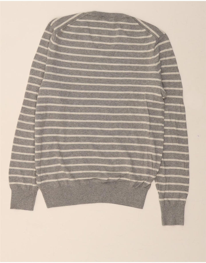 GAP Mens V-Neck Jumper Sweater Medium Grey Striped Cotton Vintage Gap and Second-Hand Gap from Messina Hembry 