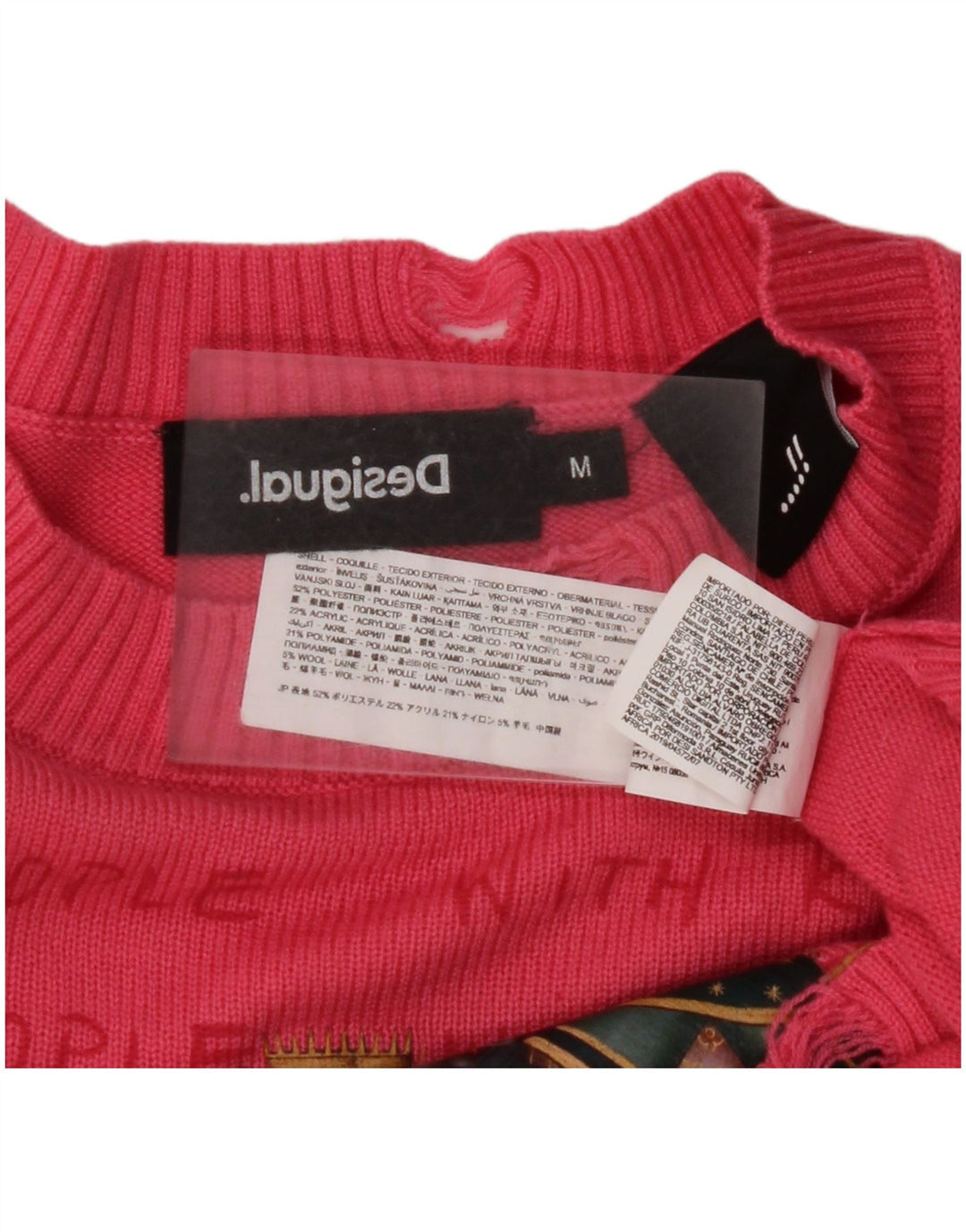 DESIGUAL Womens Crop Grafisk Crew Neck Jumper Sweater UK 14 Medium Pink
