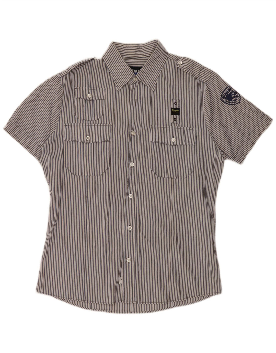 BLAUER Herre Militær Kortærmet Skjorte Stor Blå Nålestribet Bomuld