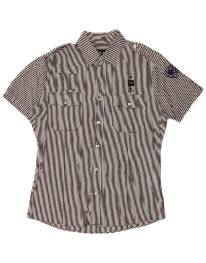 BLAUER Herre Militær Kortærmet Skjorte Stor Blå Nålestribet Bomuld