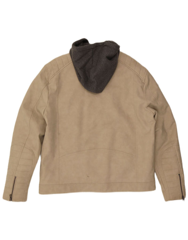Guess Herre hætte i imiteret læder racerjakke UK 42 Stor Beige Colourblock